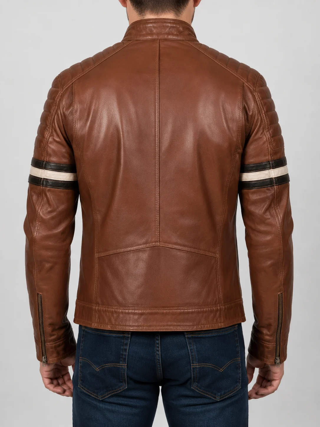 Cognac Racer With Stripes Brown Leather Jacket