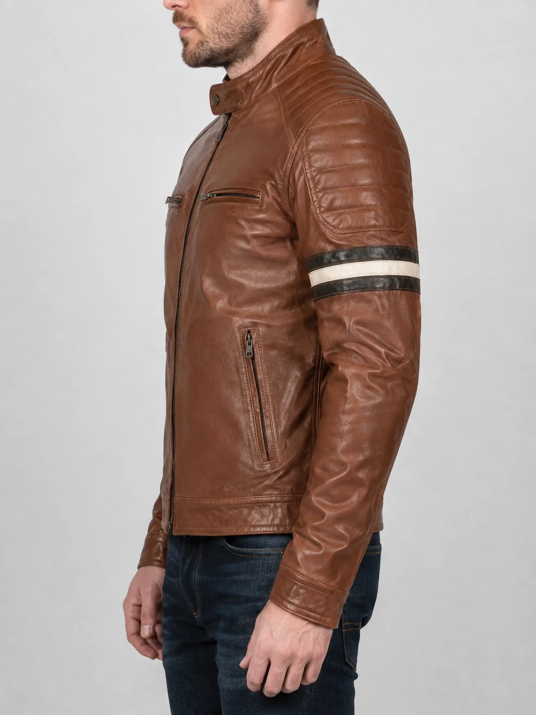 Cognac Racer With Stripes Brown Leather Jacket