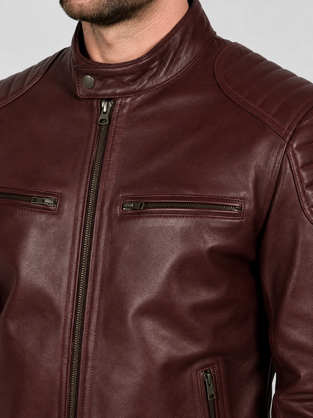 Fashion Waxed Quilted Burgundy Biker Leather Jacket