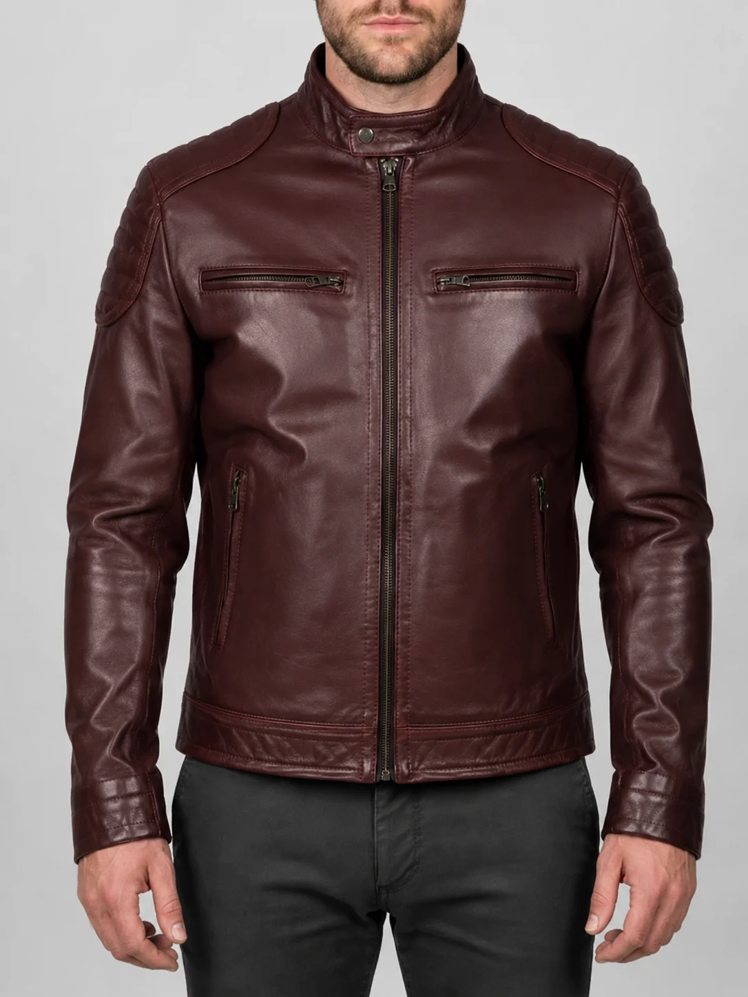 Fashion Waxed Quilted Burgundy Biker Leather Jacket