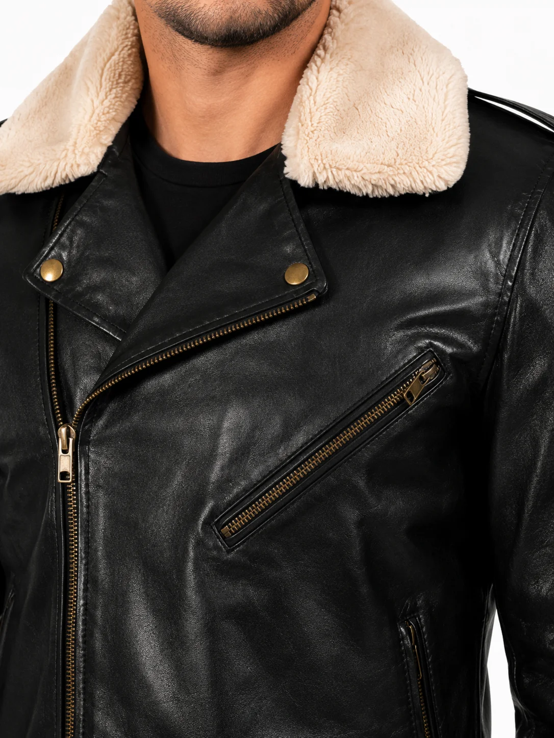 Furton Black Leather Biker Jacket