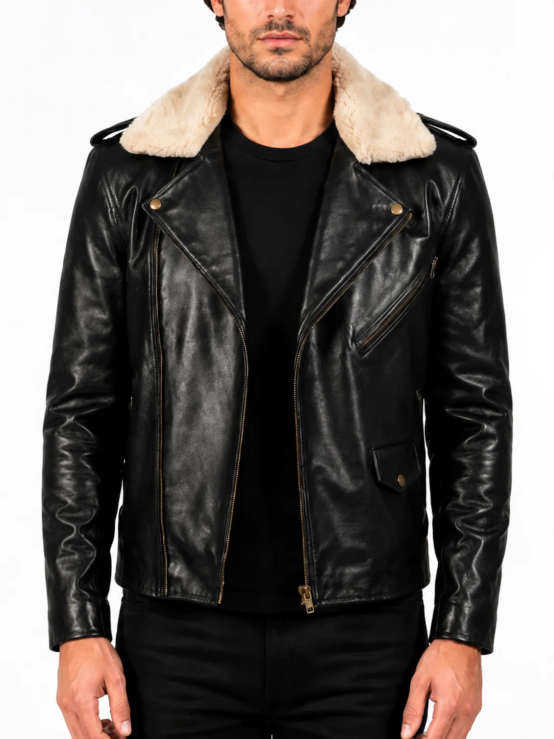 Furton Black Leather Biker Jacket
