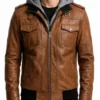 Men’s Brown Leather Jacket with Detachable Hood