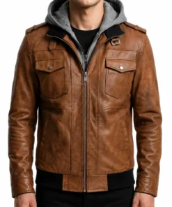 Men’s Brown Leather Jacket with Detachable Hood