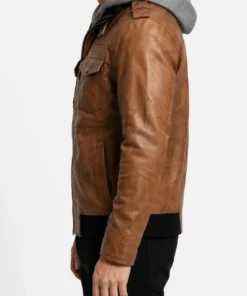 Men’s Brown Leather Jacket with Detachable Hood