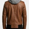 Men’s Brown Leather Jacket with Detachable Hood