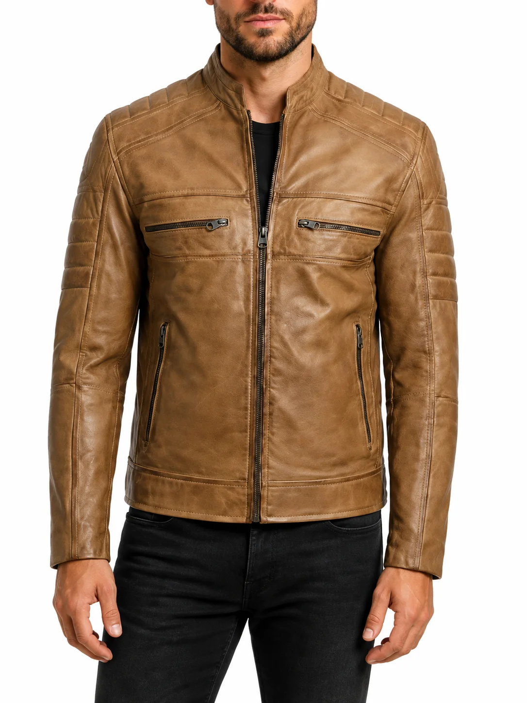Men’s Camel Biker Style Leather Jacket
