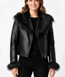 Women’s Black Leather Jacket with Fur Collar