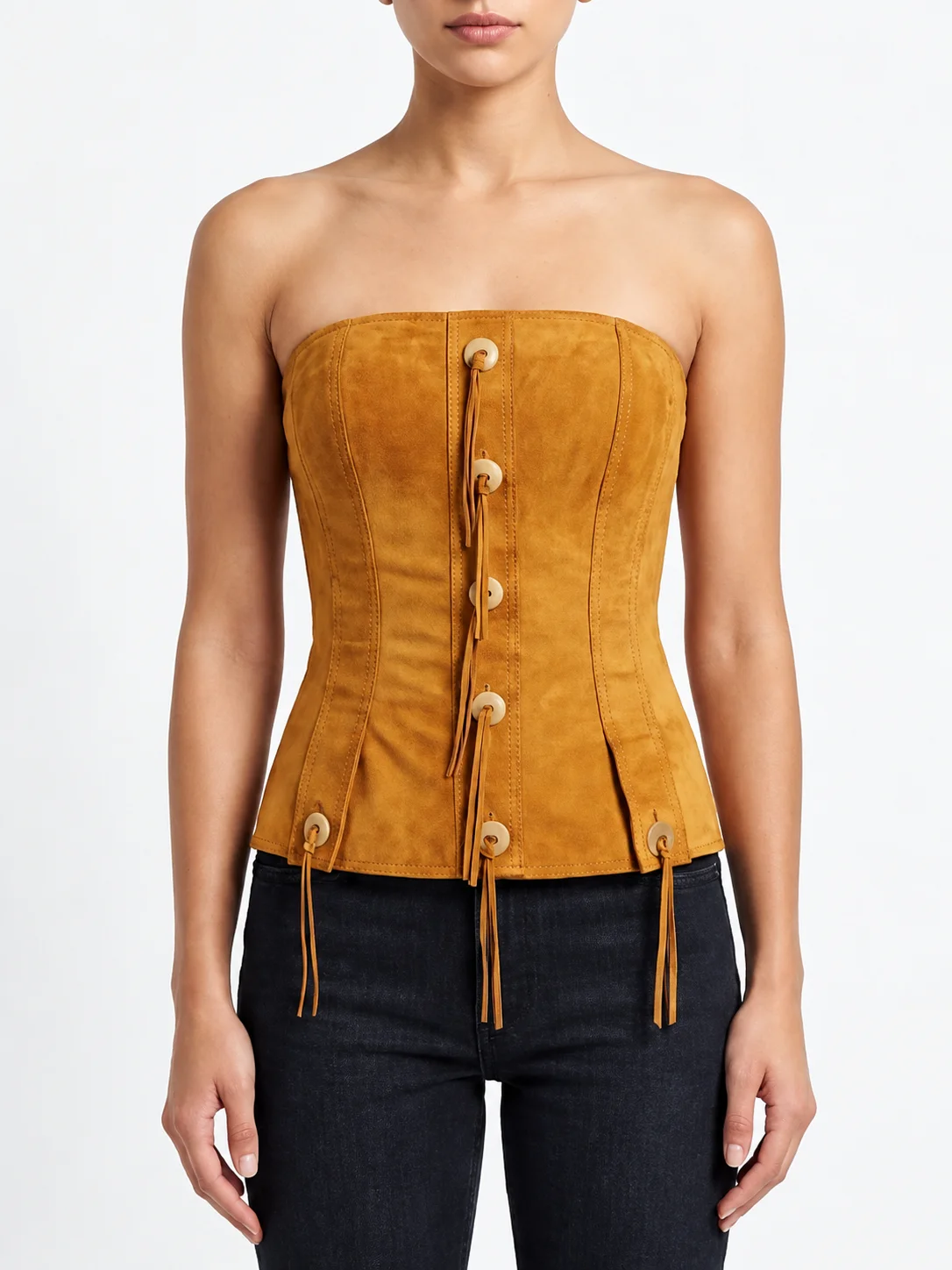 Alix Earle Earle Meets World S01 Brown Suede Strapless Top